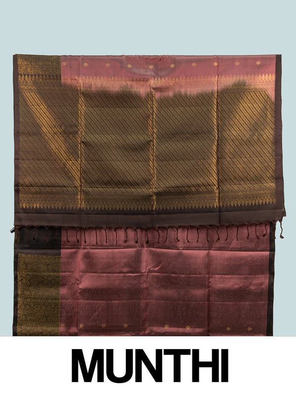Mauve Kanchipuram Pure Mix saree with dark brown contrast gold zari border and striped pallu