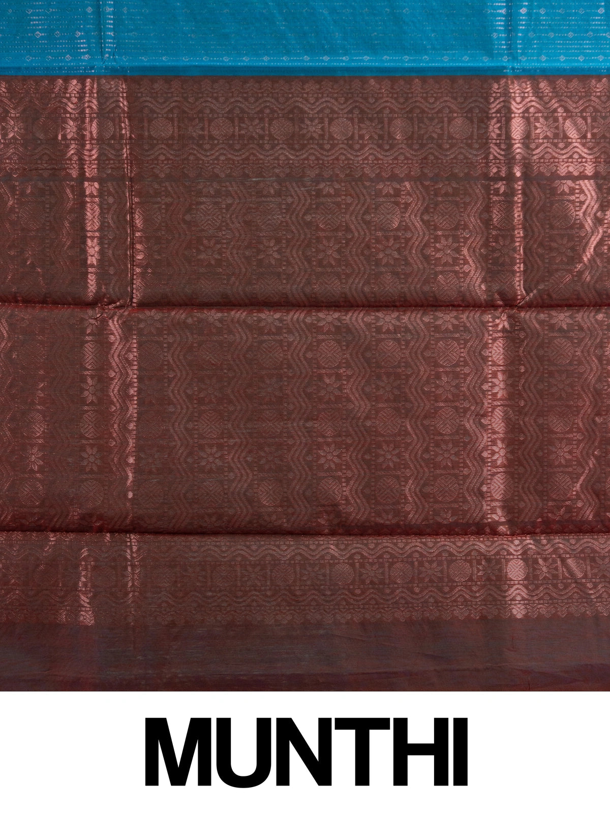 Peacock blue silk cotton saree with silver zari stripes and contrast maroon zari pallu