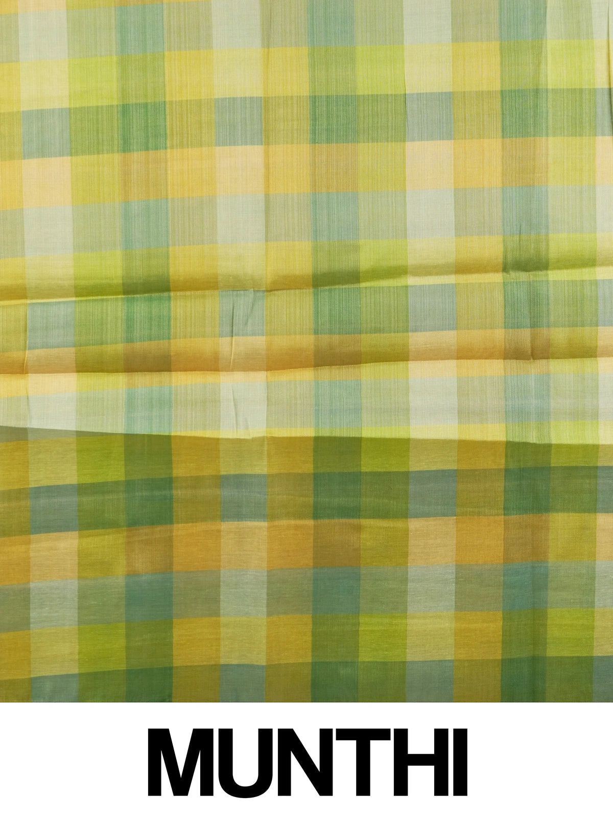 Cream linen cotton saree with green and yellow checked border and pallu