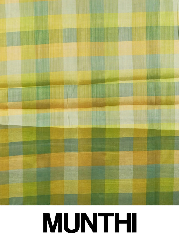Cream linen cotton saree with green and yellow checked border and pallu