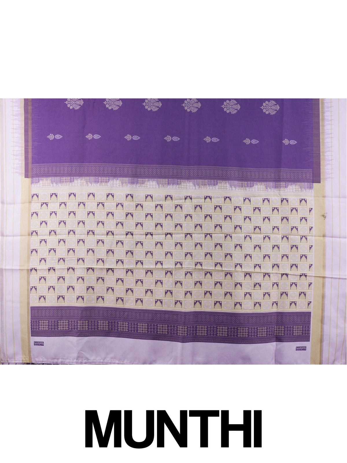 Purple Dola silk saree with lavender contrast border, floral buttas, and patterned pallu