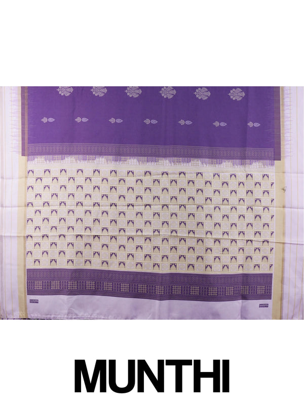 Purple Dola silk saree with lavender contrast border, floral buttas, and patterned pallu