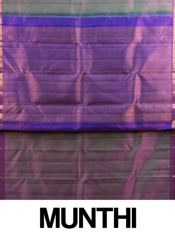 Mauve and violet pure Kanchipuram silk saree with gold zari buttas and contrast violet zari border