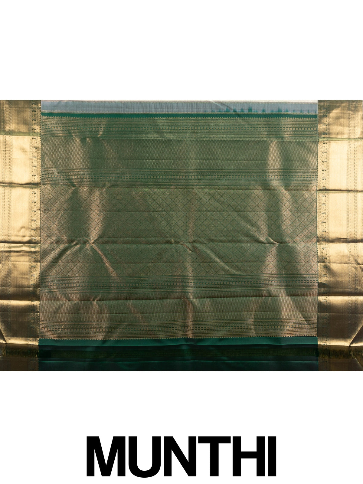 Cream pure Kanchipuram silk saree with gold zari brocade body and contrast dark green and gold border and pallu
