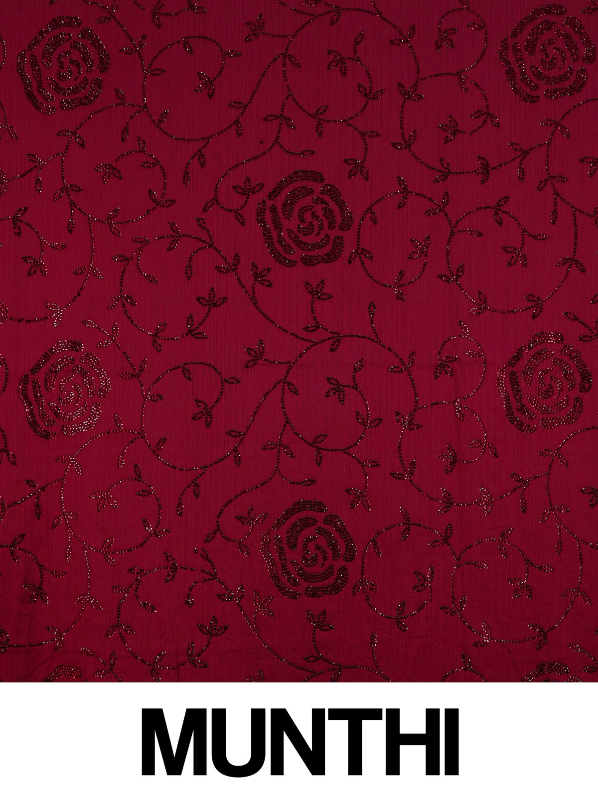 Wine maroon designer georgette saree with tonal floral rose stone work and tasselled pallu