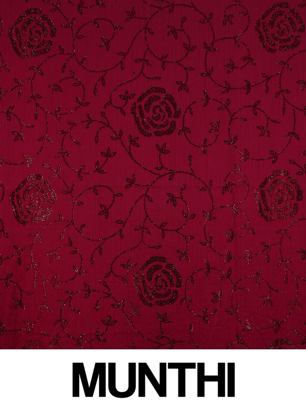 Wine maroon designer georgette saree with tonal floral rose stone work and tasselled pallu