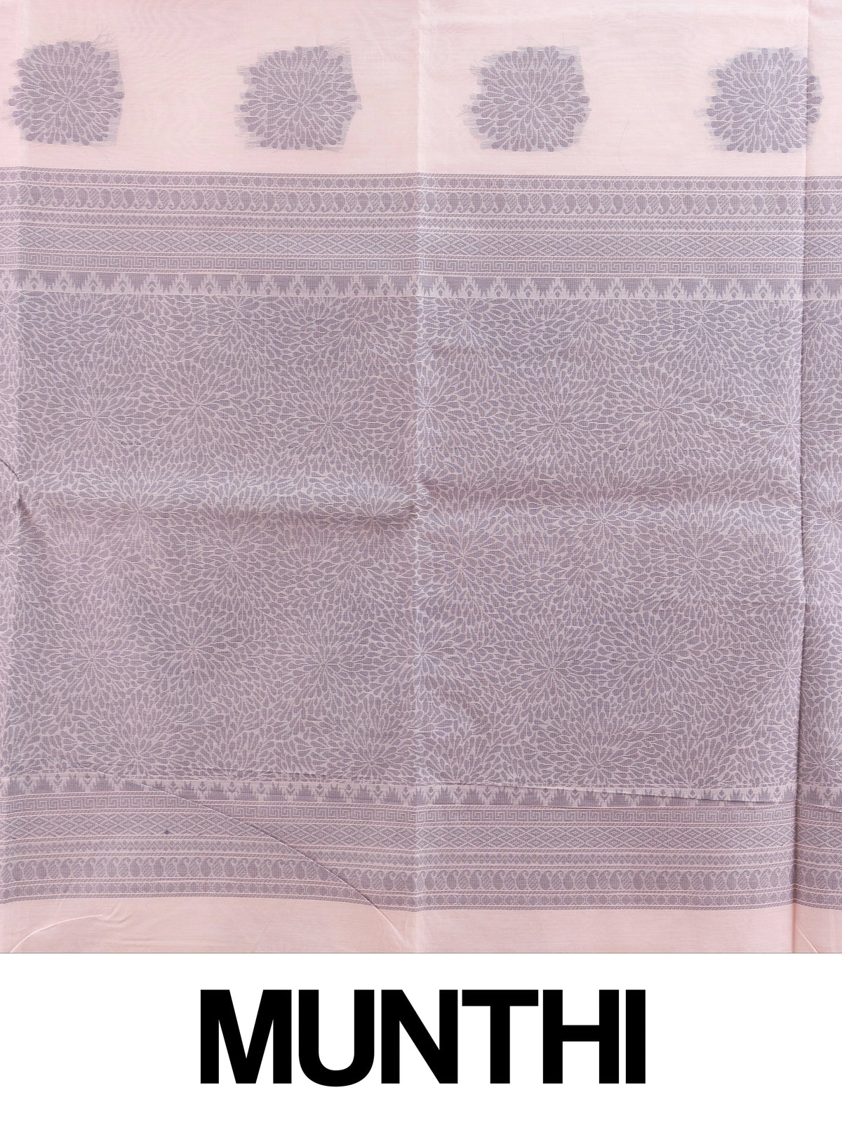 Light pink silk cotton saree with grey floral butta motifs and contrast grey woven pallu and border