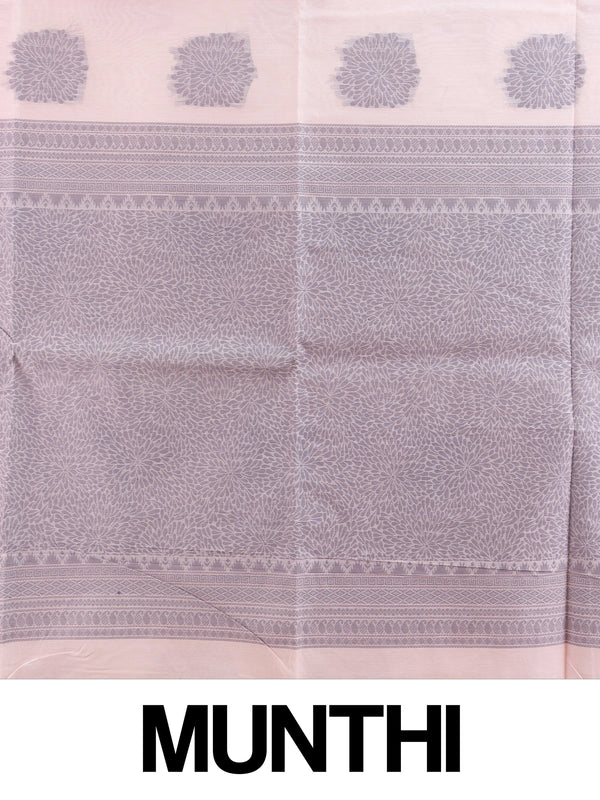 Light pink silk cotton saree with grey floral butta motifs and contrast grey woven pallu and border