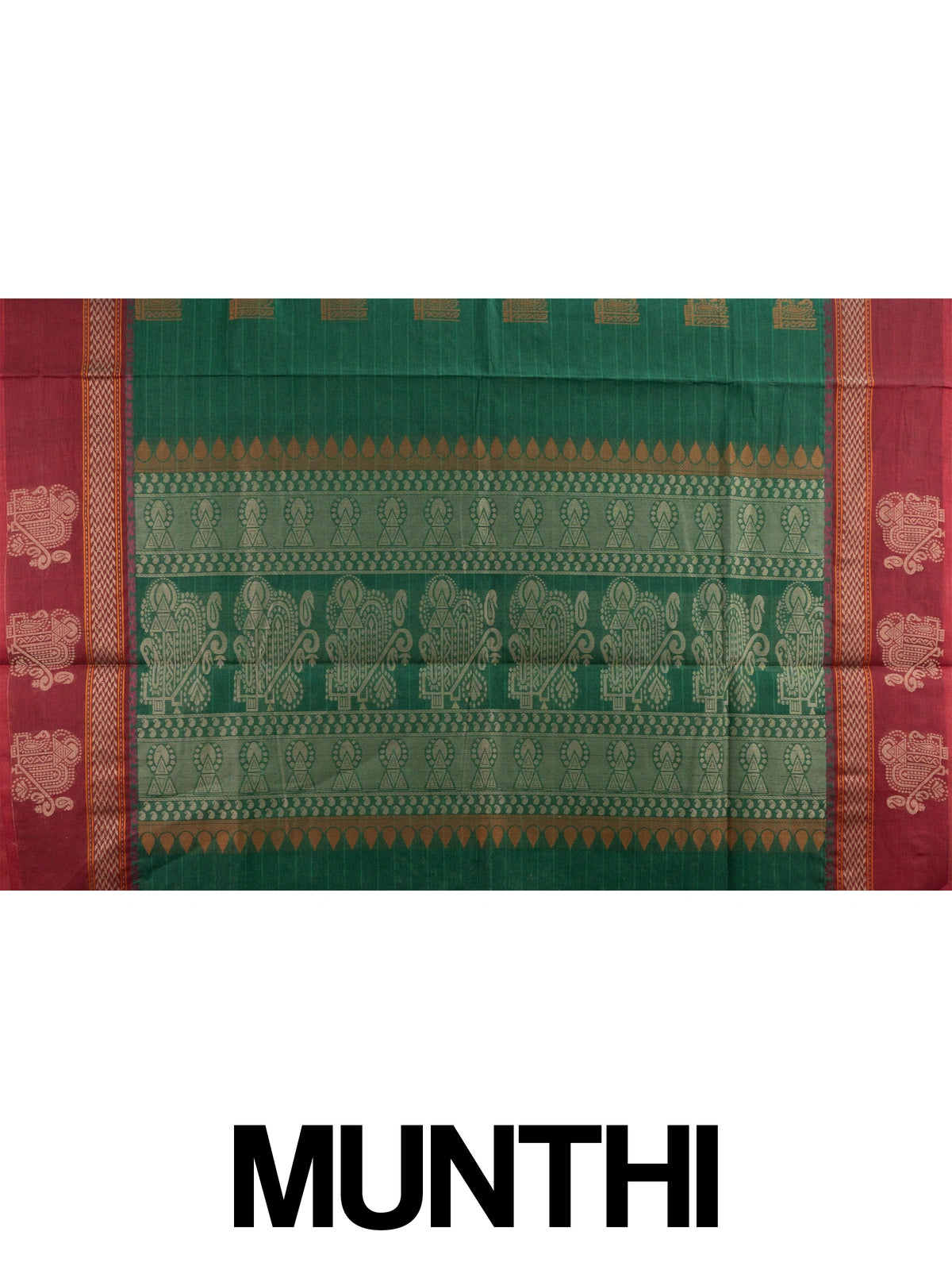 Green semi raw silk saree with contrast maroon zari border and woven pallu motifs