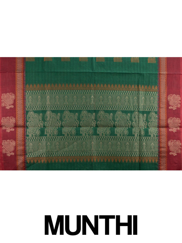 Green semi raw silk saree with contrast maroon zari border and woven pallu motifs