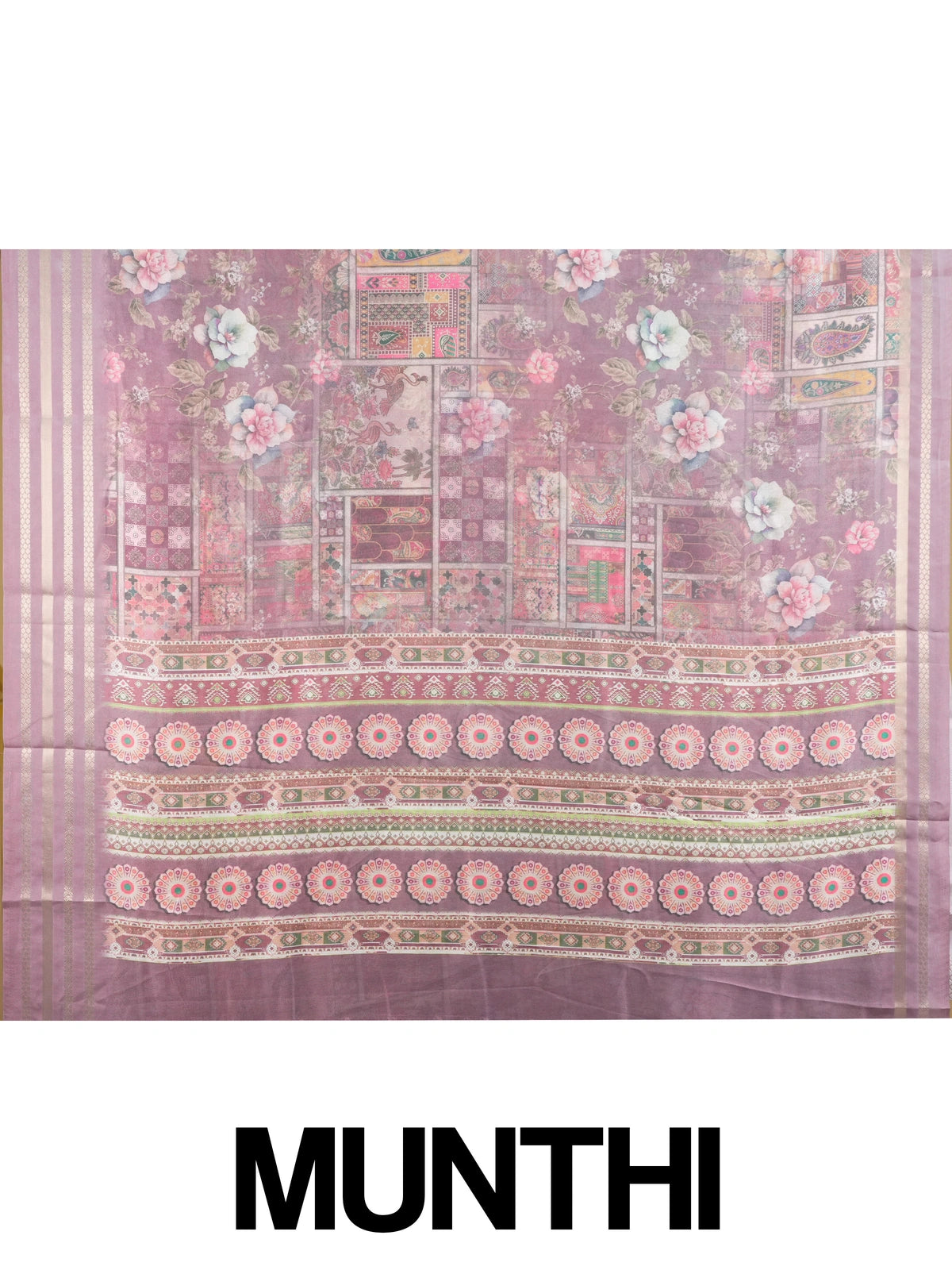 Dusty mauve floral printed designer saree with gold zari border and patchwork pallu
