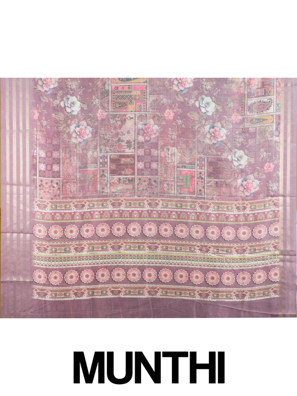 Dusty mauve floral printed designer saree with gold zari border and patchwork pallu