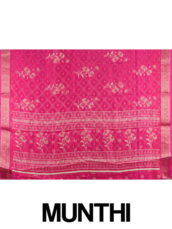 Rani pink designer saree with floral motifs, gold zari butti and woven zari border