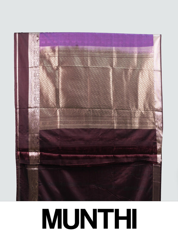 Purple semi silk saree with contrast wine border and copper-gold zari pallu