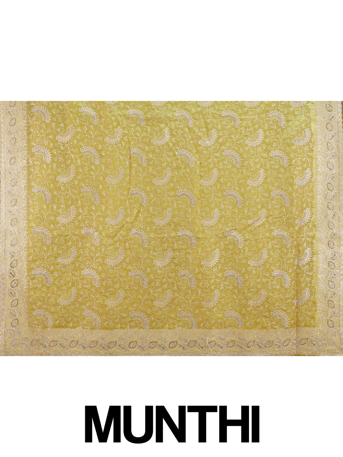 Bright yellow designer art silk saree with all-over silver-gold embroidery, sequin work, and embroidered border