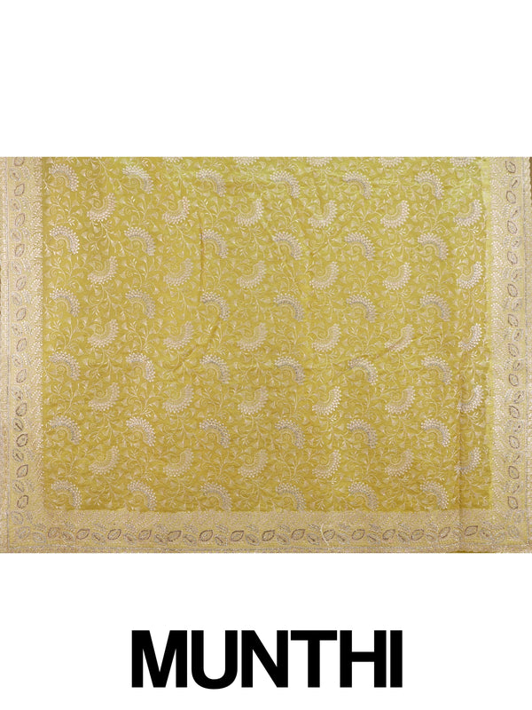 Bright yellow designer art silk saree with all-over silver-gold embroidery, sequin work, and embroidered border