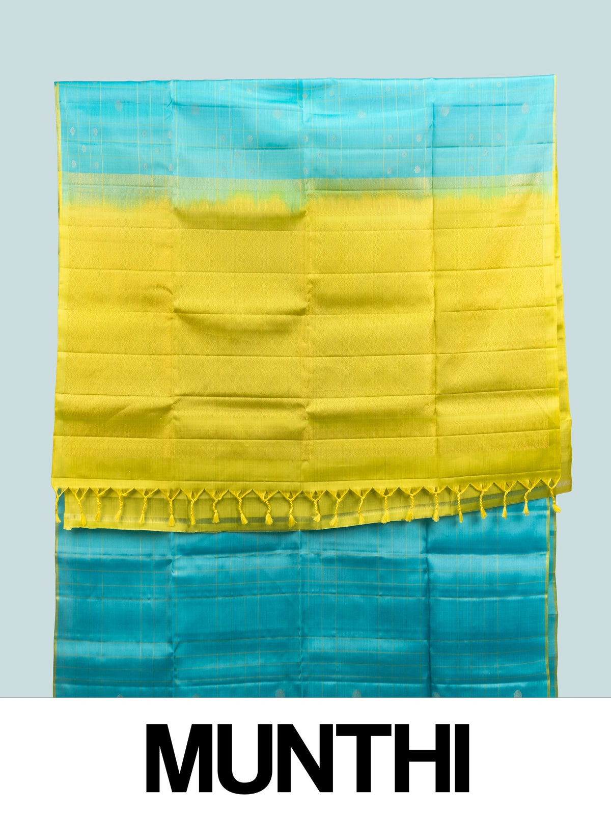 Turquoise blue Kanchipuram pure mix saree with gold zari checks and contrast lime-yellow border and pallu