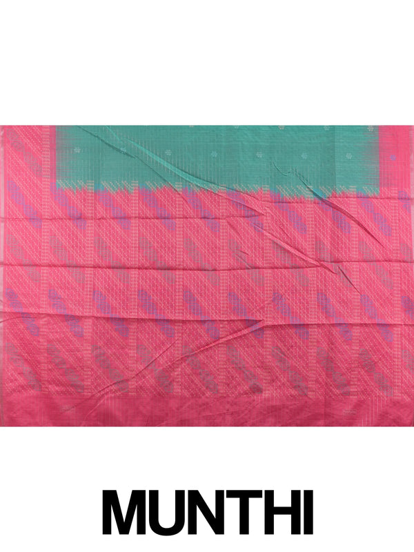 Teal green Dola silk saree with silver zari checks and contrast rani pink border and pallu