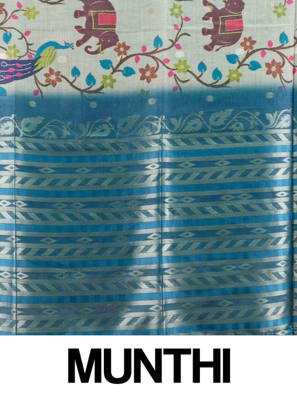 Cream linen cotton saree with peacock and elephant motifs and a teal silver zari border