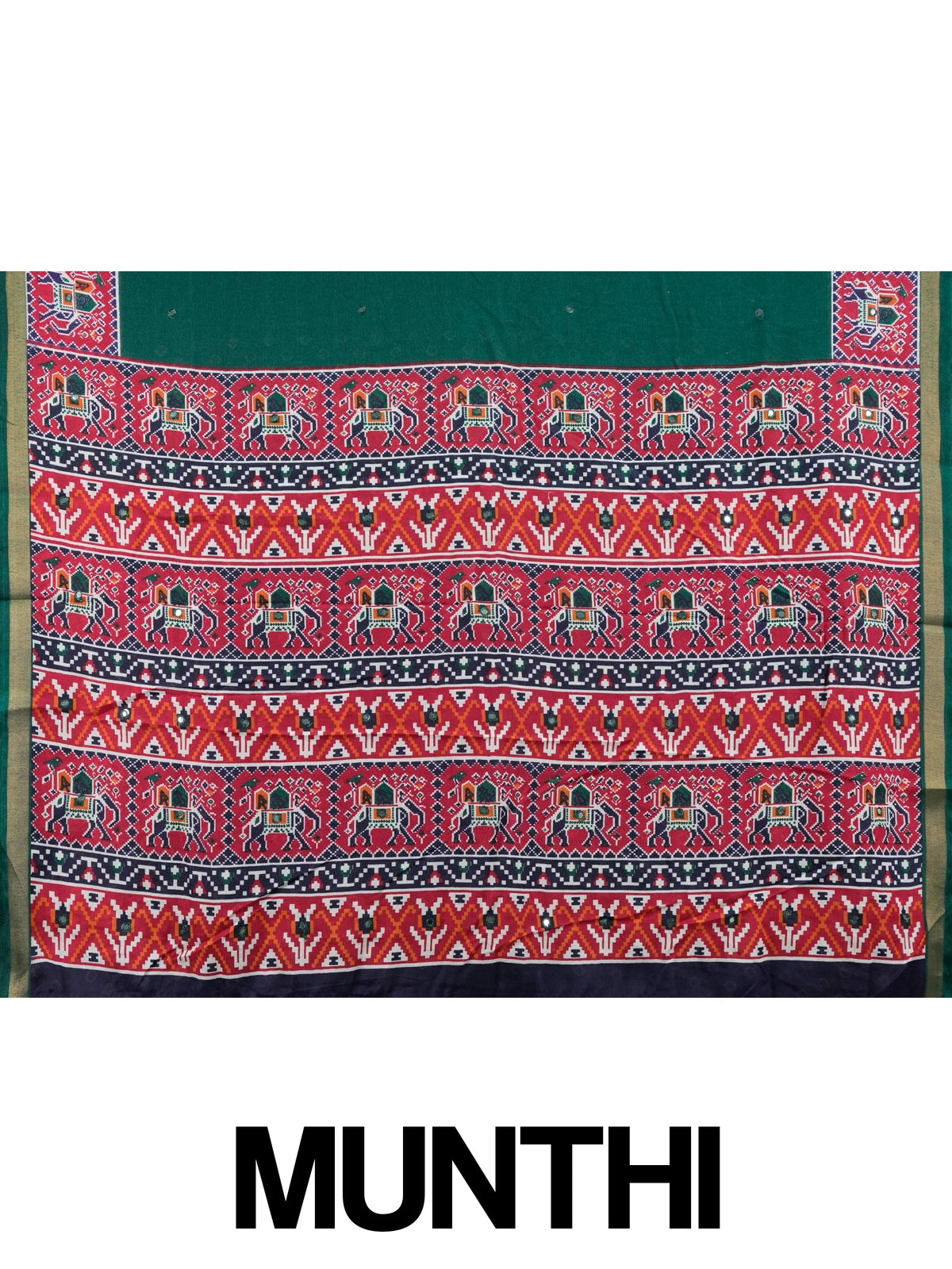 Deep green linen cotton saree with red patola-style elephant border and detailed pallu