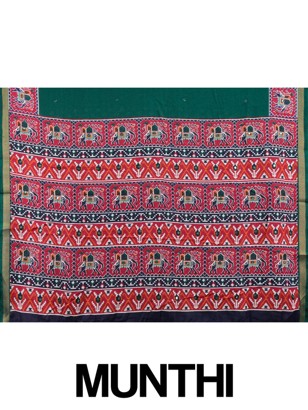 Deep green linen cotton saree with red patola-style elephant border and detailed pallu
