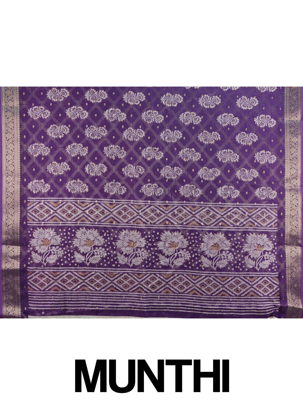 Purple art silk designer saree with white and gold floral buttas and zari border