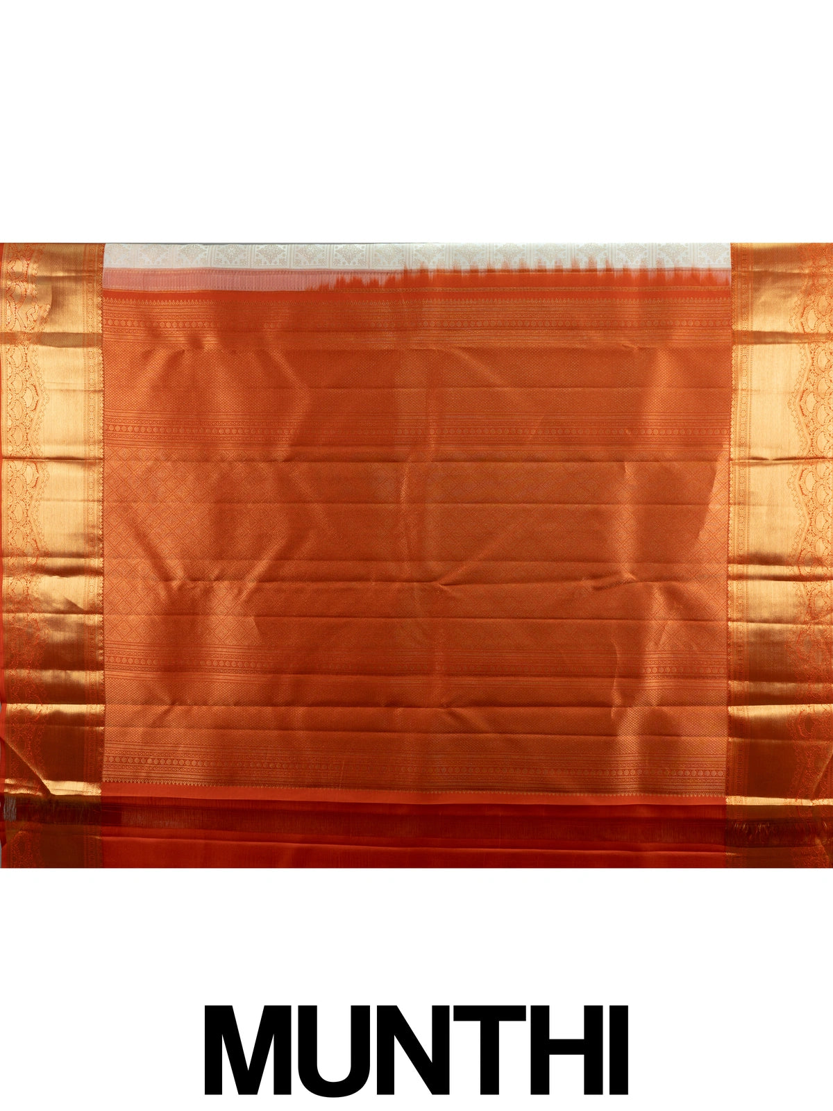 Cream Pure Kanchipuram silk saree with gold zari checkerboard body and contrast orange zari border