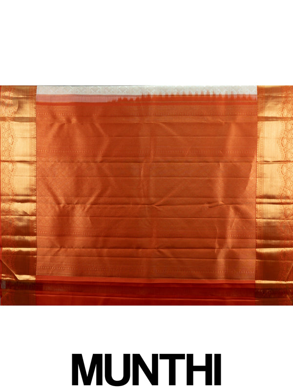 Cream Pure Kanchipuram silk saree with gold zari checkerboard body and contrast orange zari border