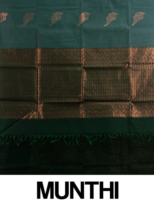 Bottle green silk cotton saree with copper zari bird motifs and contrast zari border