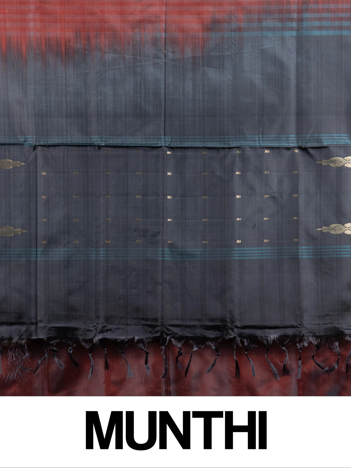 Maroon and charcoal grey banana silk saree with gold zari buttas and peacock and elephant motif pallu