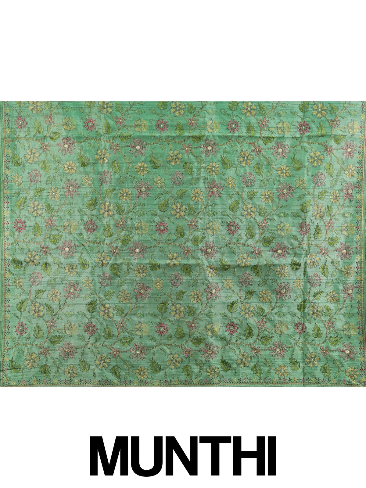 Green semi tussar saree with multicolour floral thread embroidery and gold zari accents