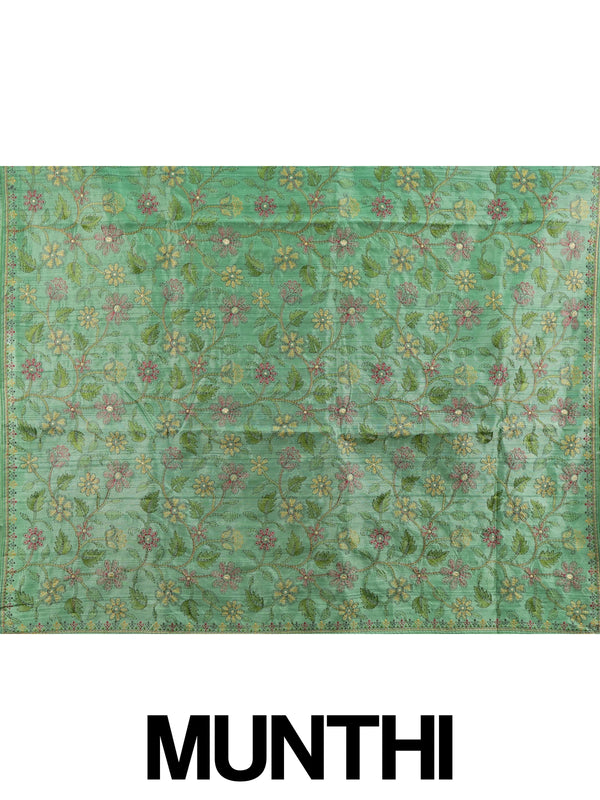 Green semi tussar saree with multicolour floral thread embroidery and gold zari accents