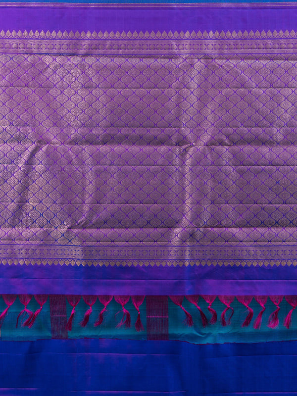 Peacock blue pure Kanchipuram silk saree with contrast purple gold zari border and brocade pallu