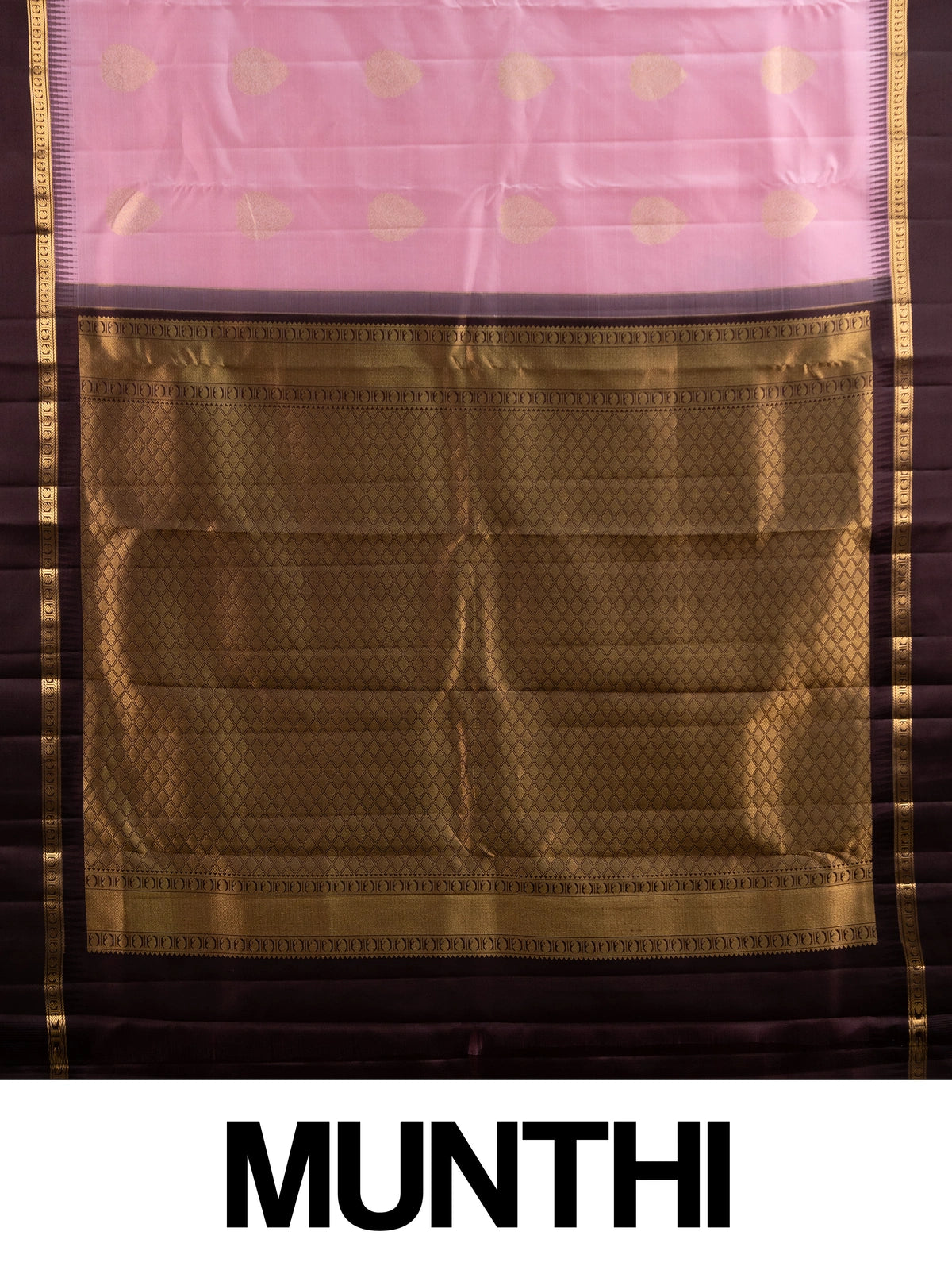 Pink pure Kanchipuram silk saree with contrast dark brown border and gold zari buti motifs