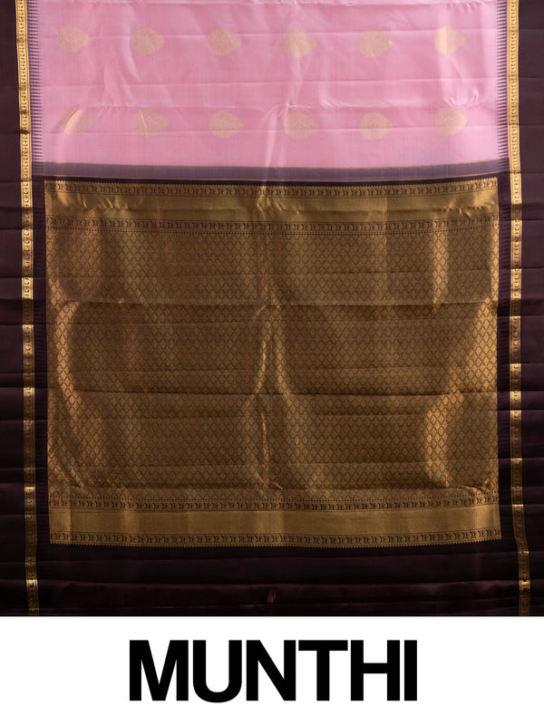 Pink pure Kanchipuram silk saree with contrast dark brown border and gold zari buti motifs