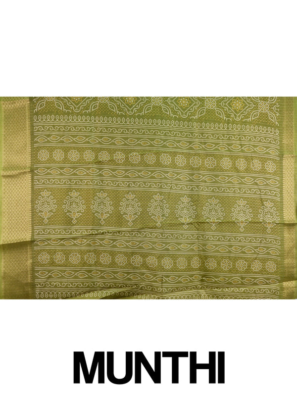 Mehndi green bandhani-print designer saree with gold zari border and matching green blouse