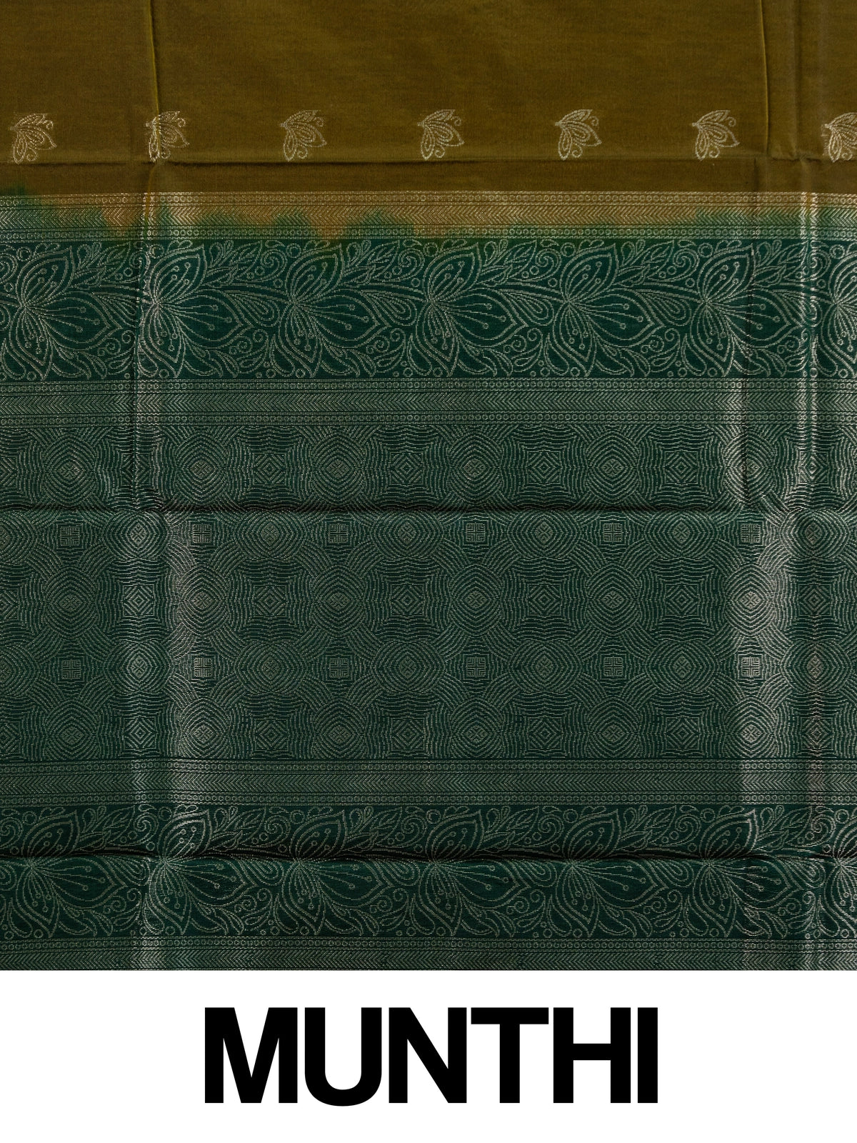 Mehendi green silk cotton saree with contrast bottle green zari border and silver lotus buttas