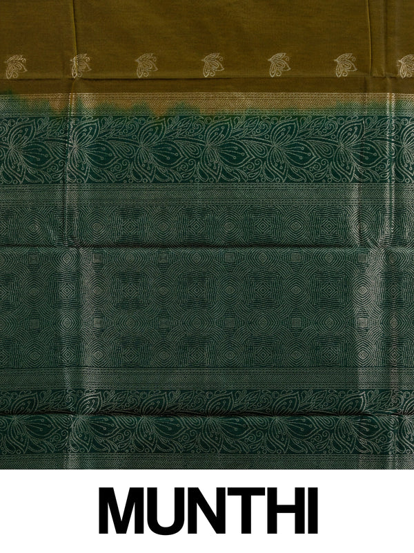 Mehendi green silk cotton saree with contrast bottle green zari border and silver lotus buttas