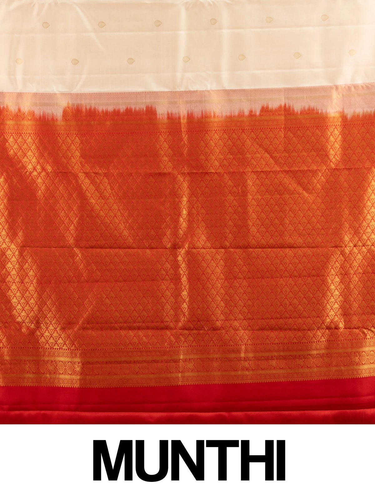 Cream pure Kanchipuram silk saree with contrast red gold zari border and pallu