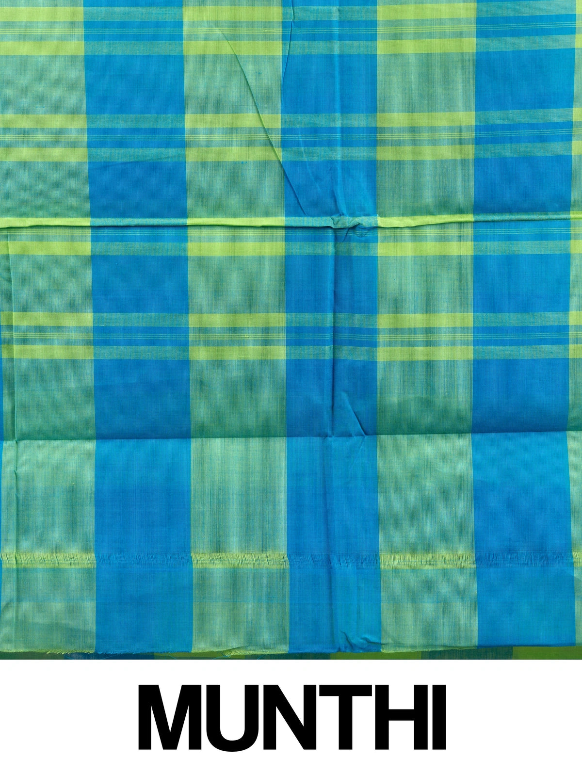 Blue and green checked Chettinad cotton saree with contrast blue zari paisley border