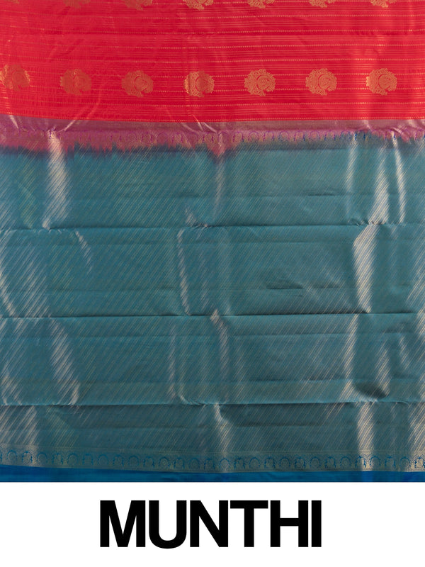 Red pure Kanchipuram silk saree with gold zari buttas and a contrast peacock-blue zari border