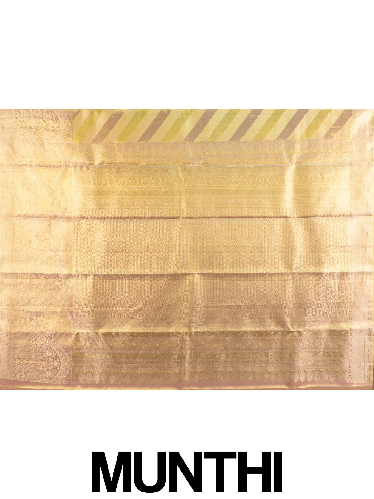 Gold and cream pure Kanchipuram silk saree with diagonal gold zari stripes and an ornate floral zari border