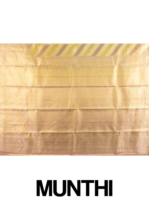Gold and cream pure Kanchipuram silk saree with diagonal gold zari stripes and an ornate floral zari border