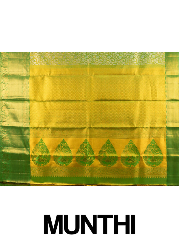 Parrot green and gold pure Kanchipuram silk saree with floral zari jaal and contrast green border