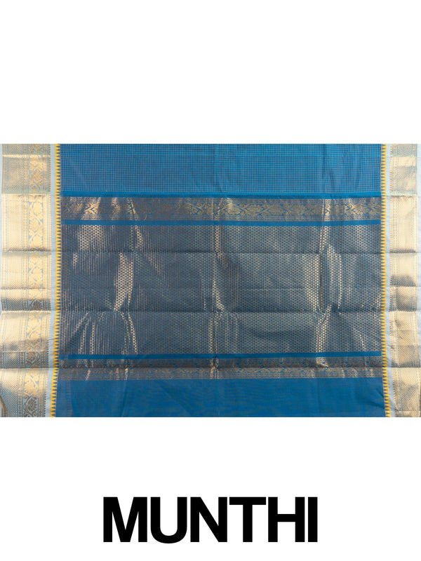 Teal blue Chettinad cotton saree with gold zari temple border, woven checks, and contrast yellow blouse