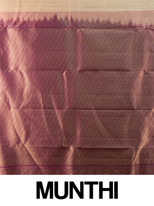 Cream and magenta pure Kanchipuram silk saree with gold zari buttis and contrast border