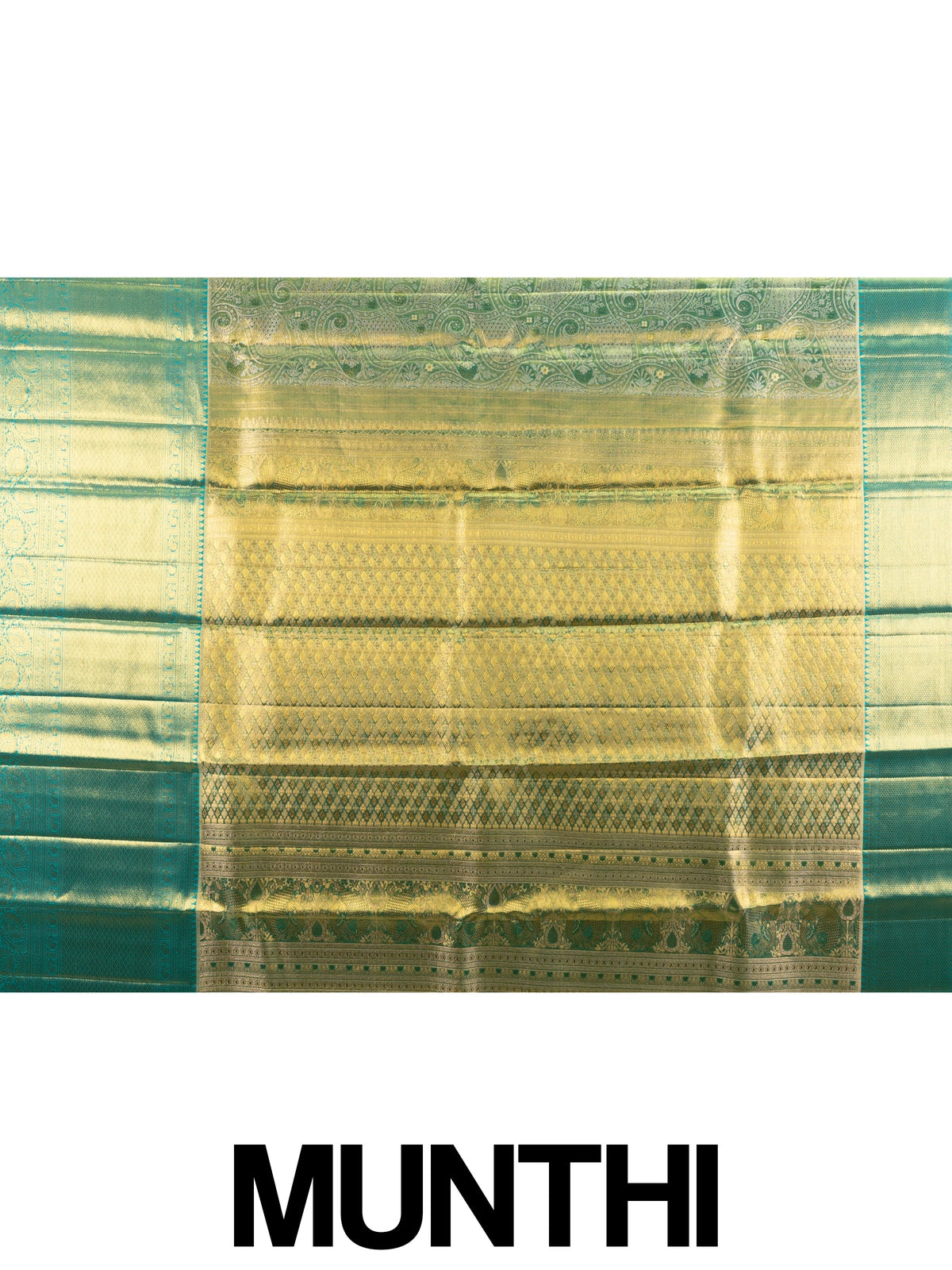 Green pure Kanchipuram silk saree with gold zari brocade body and contrast teal blue zari border
