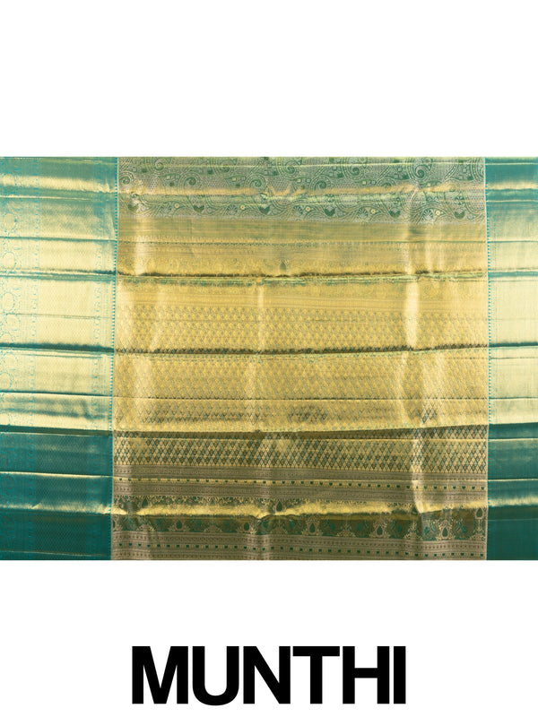 Green pure Kanchipuram silk saree with gold zari brocade body and contrast teal blue zari border