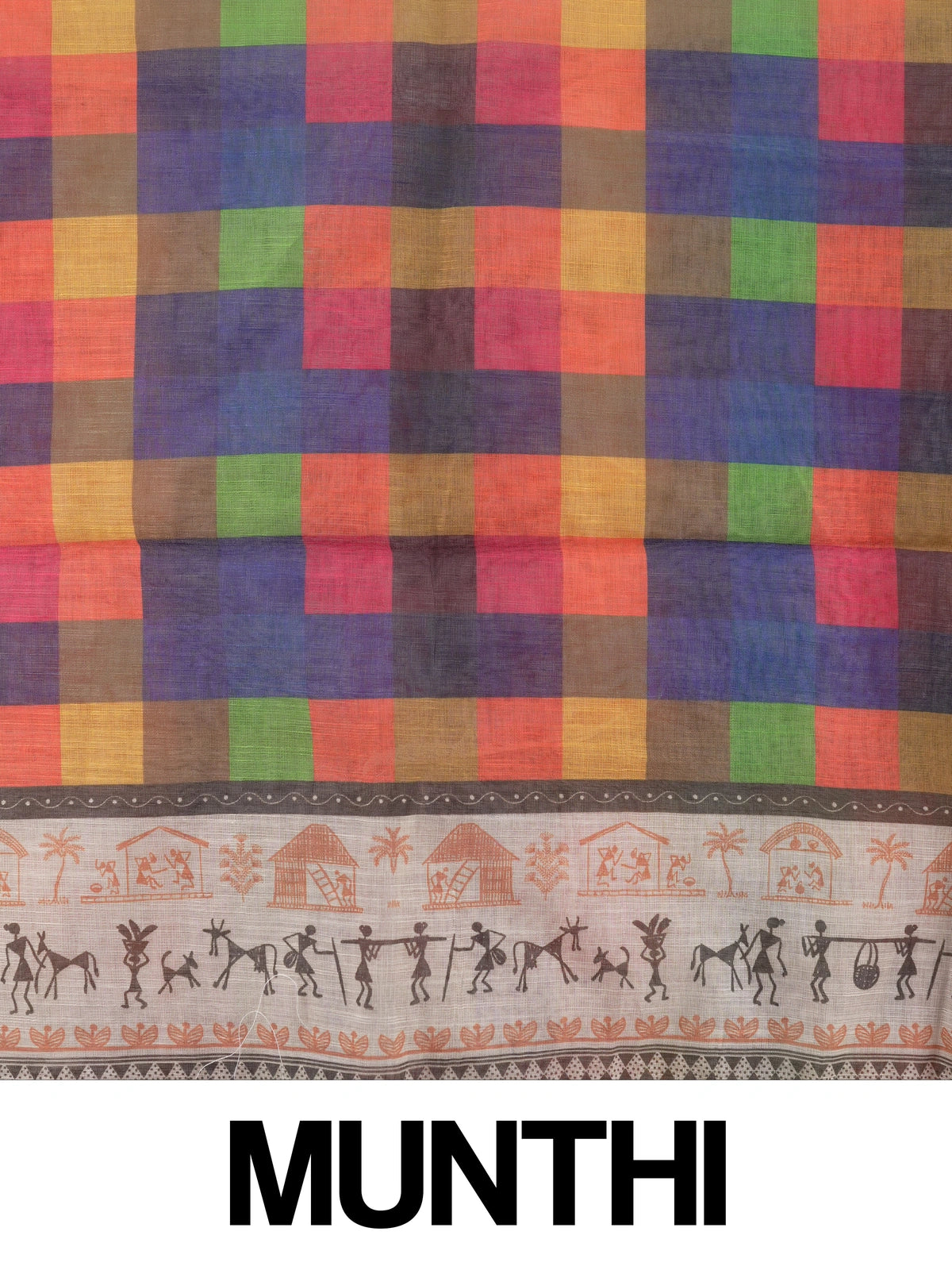 Multicolour checked linen cotton saree with Warli tribal print border and yellow blouse