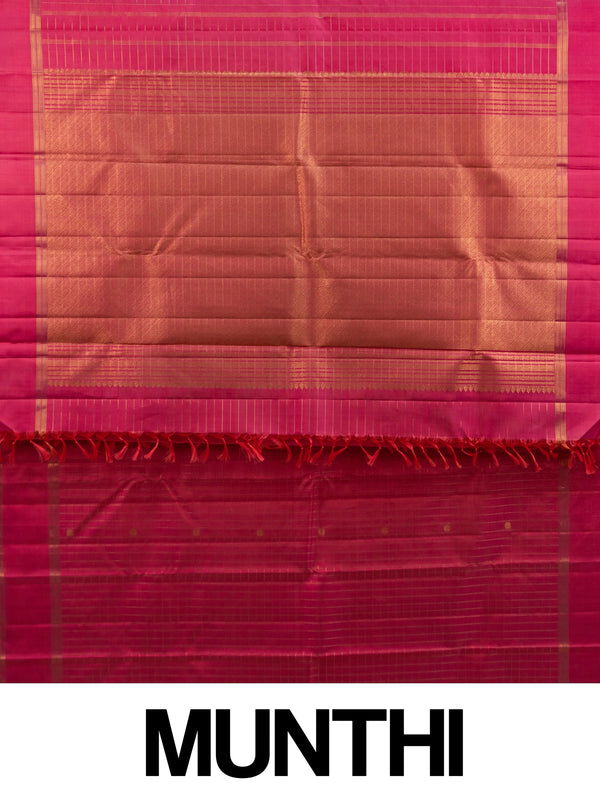 Rani pink pure Kanchipuram silk saree with gold zari checks, small butta motifs and gold zari border